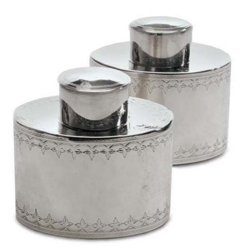 A PAIR OF GEORGE III TEA CADDIES AND TWO COVERS,