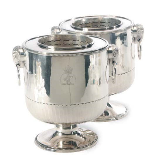 A PAIR OF GEORGE III SHEFFIELD PLATE WINE COOLERS,