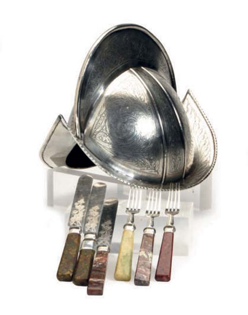 AN ASSEMBLED SILVER AND SILVER-PLATED HARDSTONE PART FLATWARE SET,