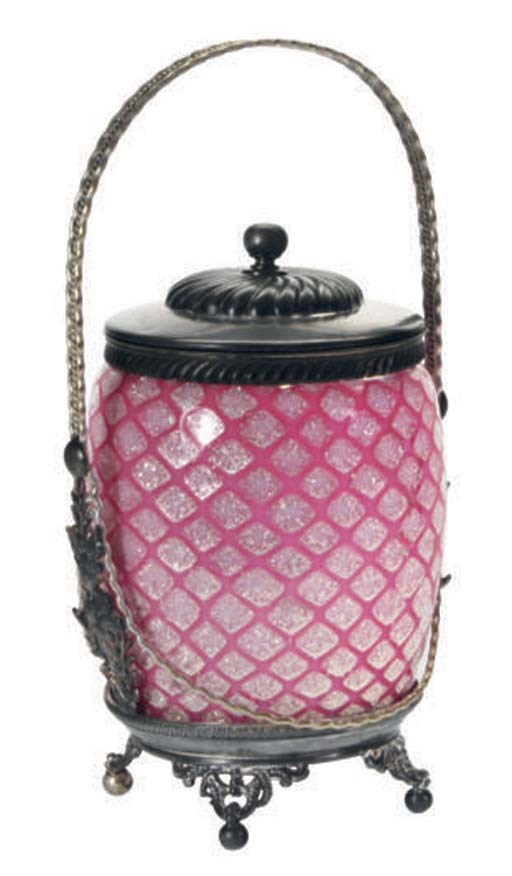 AN AMERICAN GLASS AND SILVER-PLATE BISCUIT BARREL COVER AND STAND,