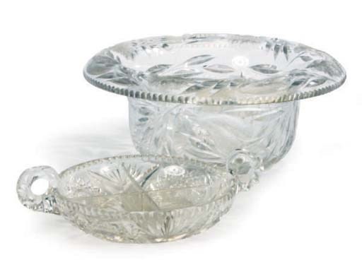 AN AMERICAN CUT GLASS PUNCH BOWL, COMPOTE, AND CONDIMENT DISH,