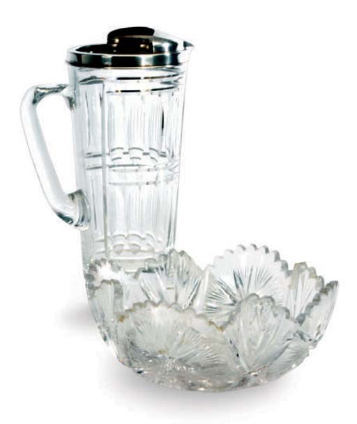 TWO AMERICAN SILVER-MOUNTED GLASS COCKTAIL PITCHERS AND THREE CUT-GLASS BOWLS,