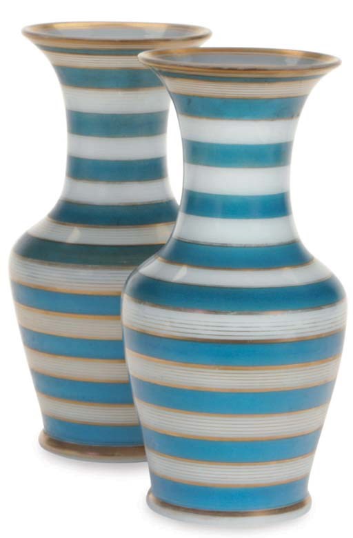 A PAIR OF BLUE AND GILT BANDED OPAQUE GLASS VASES,