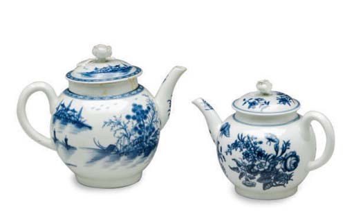 TWO ENGLISH BLUE AND WHITE TEAPOTS AND COVERS,