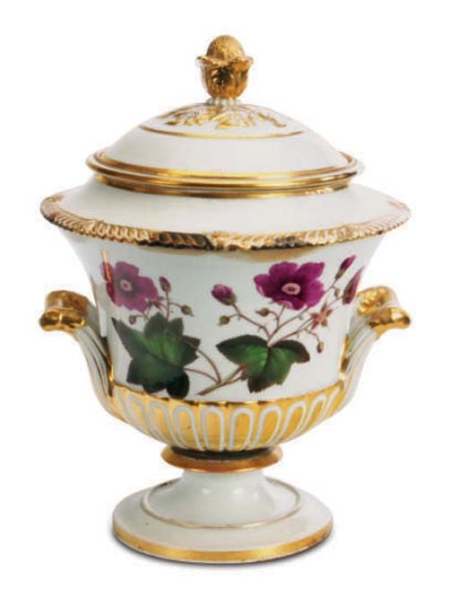 A PAIR OF ENGLISH PORCELAIN BOTANICAL COOLERS, LINERS, AND COVERS,