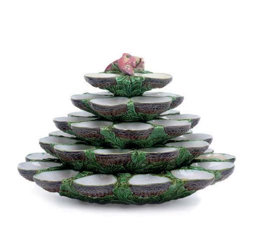 AN ENGLISH MAJOLICA FIVE-TIERED OYSTER SERVER,