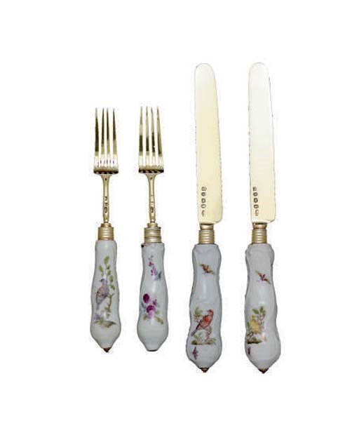 A GEORGE IV SILVER GILT-MOUNTED MEISSEN PORCELAIN DESSERT SERVICE,