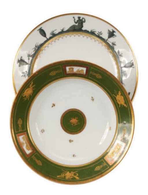 THREE FRENCH PORCELAIN DINNER PLATES AND PART DINNER SERVICE,