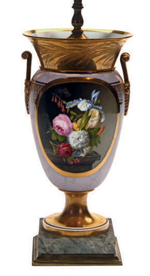 A PAIR OF FRENCH PORCELAIN TWO-HANDLED VASES MOUNTED AS LAMPS,