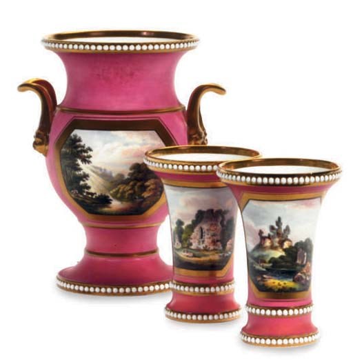 AN ENGLISH PORCELAIN DARK ROSE-GROUND TOPOGRAPHICAL THREE-PIECE GARNITURE,