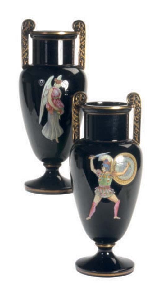 A PAIR OF CONTINENTAL PORCELAIN BLACK GROUND TWO-HANDLED VASES,