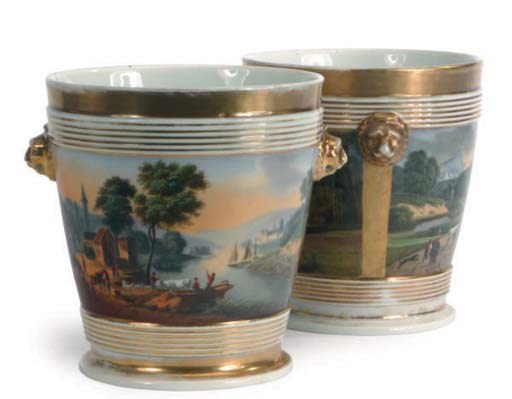 TWO FRENCH PORCELAIN FLOWER POTS AND STANDS,