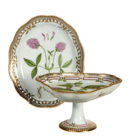 A DANISH BOTANICAL TRIANGULAR COMPOTE AND OVAL SERVING DISH,