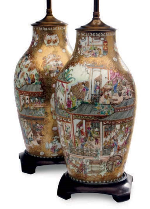 A PAIR OF CHINESE EXPORT MANDARIN PALETTE VASES NOW MOUNTED AS LAMPS,