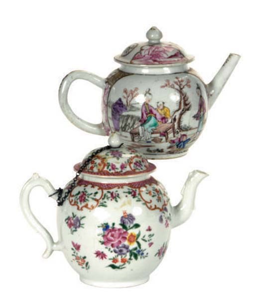 TWO CHINESE EXPORT FAMILLE ROSE TEAPOTS AND COVERS,
