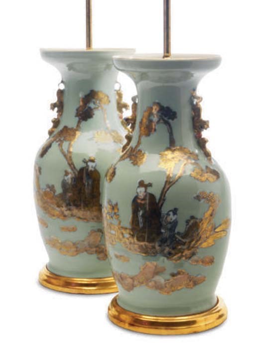 A PAIR OF CHINESE CELADON-GLAZED VASES MOUNTED AS LAMPS,