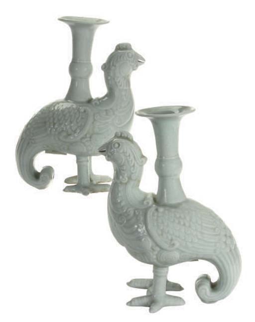 A PAIR OF CHINESE CELADON BIRD-FORM CANDLE HOLDERS,