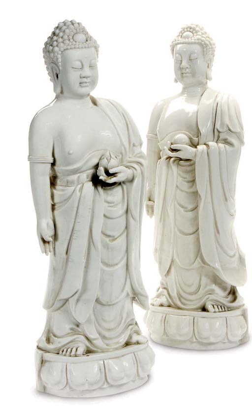 THREE CHINESE BLANC DE CHINE STANDING BUDDHAS,