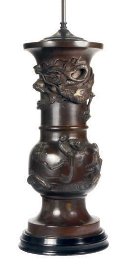 A JAPANESE BRONZE VASE MOUNTED AS A LAMP,
