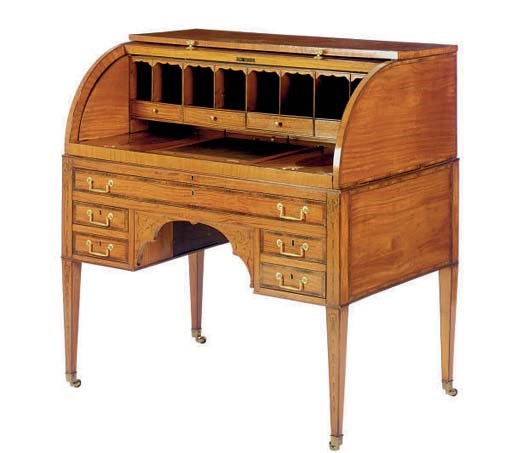 AN EDWARDIAN INLAID SATINWOOD AND ROSEWOOD CROSSBANDED CYLINDER DESK**,