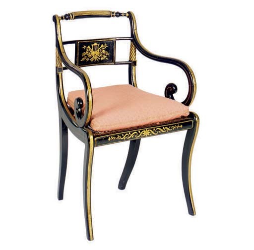 A REGENCY EBONISED AND PARCEL-GILT OPEN ARMCHAIR,