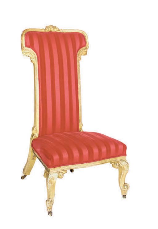 AN EARLY VICTORIAN GILTWOOD SLIPPER CHAIR UPHOLSTERED IN RED VELVET,