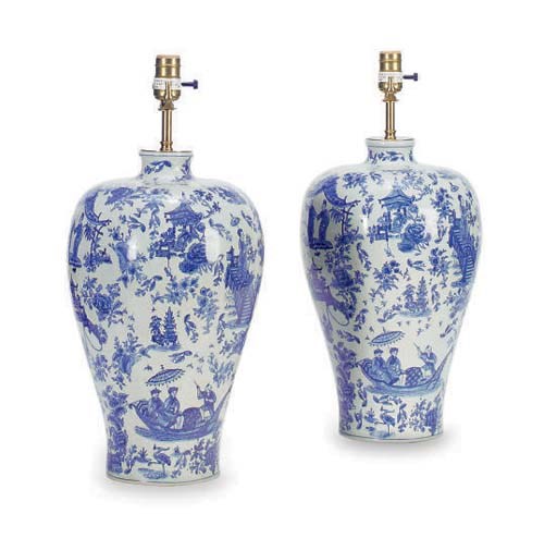 A PAIR OF CHINESE BLUE AND WHITE VASES MOUNTED AS LAMPS,