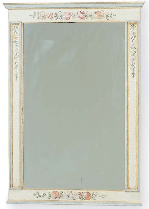 A POLYCHROME PAINTED OVERMANTLE MIRROR,