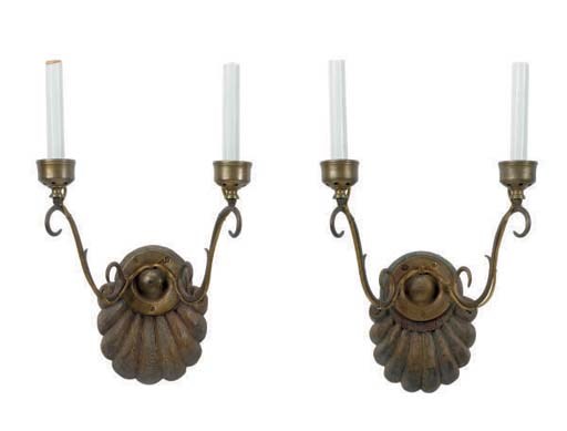 A SET OF FOUR CARVED WOOD AND BRASS SCONCES,
