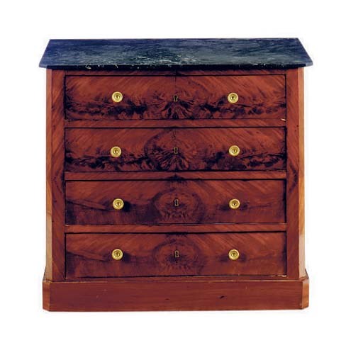 A SMALL MAHOGANY MARBLE TOP CHEST OF DRAWERS,