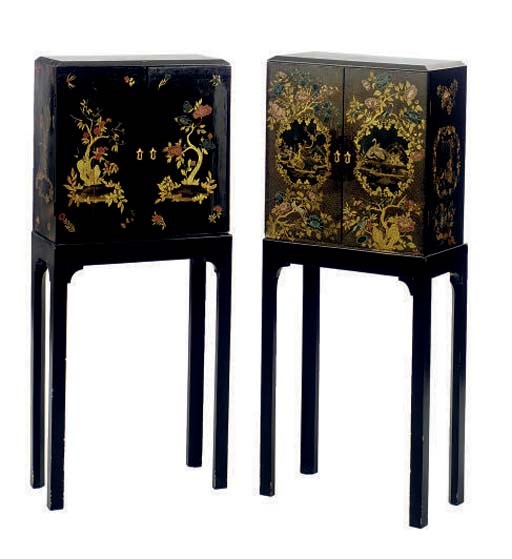 A SIMILAR PAIR OF BLACK, GILT AND POLYCHROME JAPANNED CABINETS-ON-STANDS**,