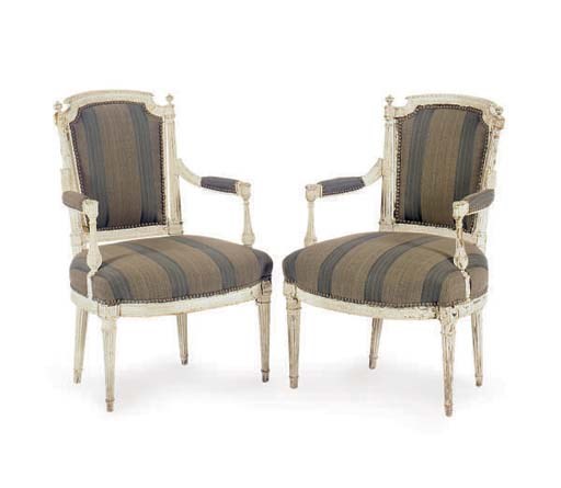 A PAIR OF LOUIS XVI GREY PAINTED FAUTEUILS,