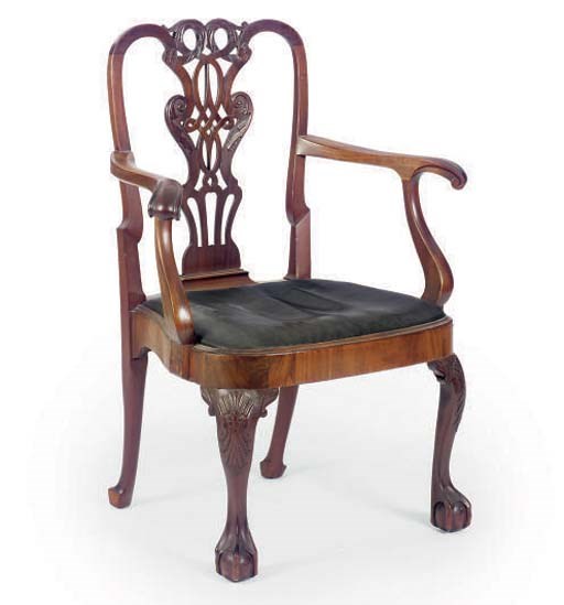 A GEORGE III CARVED MAHOGANY ARMCHAIR,
