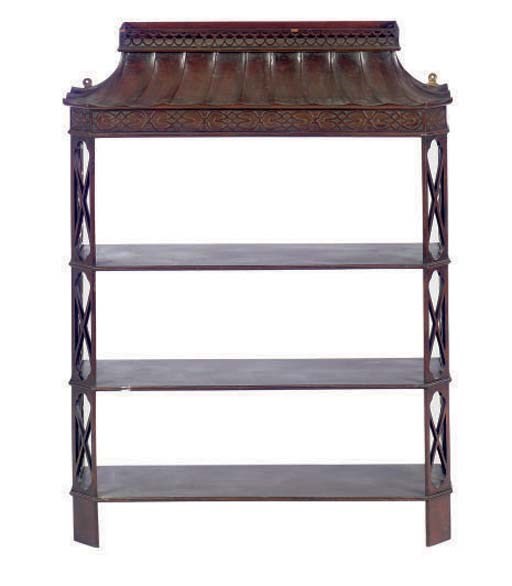 A MAHOGANY THREE-TIER SHELF,