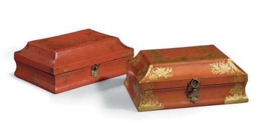 A MATCHED PAIR OF LOUIS XV SCARLET AND GILT-DECORATED BOXES