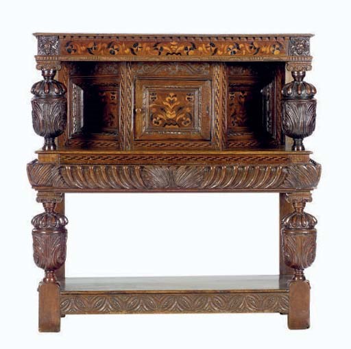 AN ENGLISH MARQUETRY INLAID OAK COURT CUPBOARD,