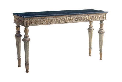 AN ITALIAN CREAM AND GILT PAINTED CONSOLE WITH MARBLE TOP,