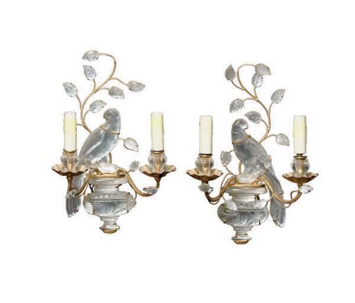A PAIR OF ROCK CRYSTAL SCONCES WITH BIRD MOTIF,