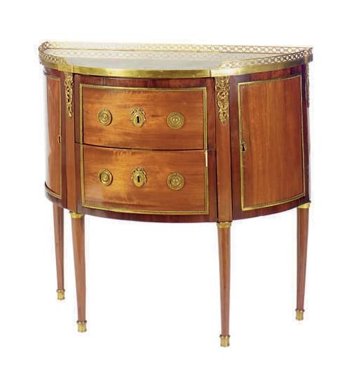 A LOUIS XVI MAHOGANY AND AMARANTH DEMILUNE COMMODE WITH MARBLE TOP,