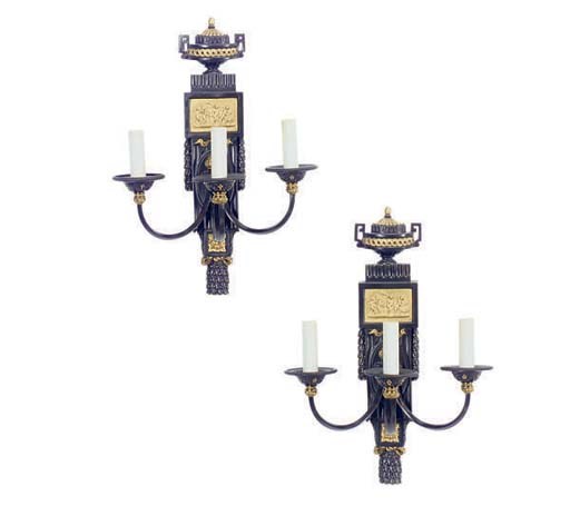 A PAIR OF FRENCH PARCEL-GILT BRONZE THREE BRANCH WALL LIGHTS,