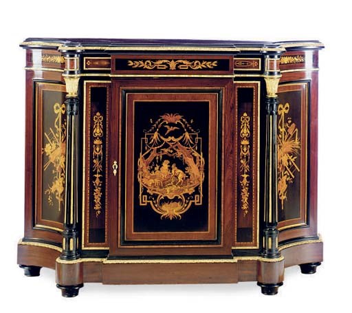 AN AMERICAN MARQUETRY INLAID ROSEWOOD AND EBONISED GILT-BRONZE MOUNTED SIDE CABINET**,