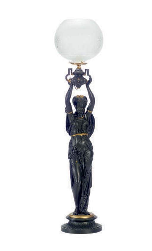 A BRONZE AND PARCEL-GILT FIGURAL LAMP WITH FROSTED CUT GLASS GLOBE,