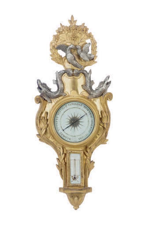 A LOUIS XVI PROVINCIAL GILTWOOD AND SILVER GILT BAROMETER,