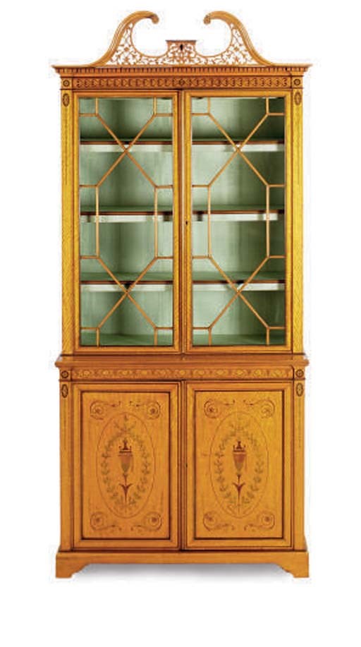 A PAIR OF EDWARDIAN MARQUETRY INLAID SATINWOOD BOOKCASE CABINETS,