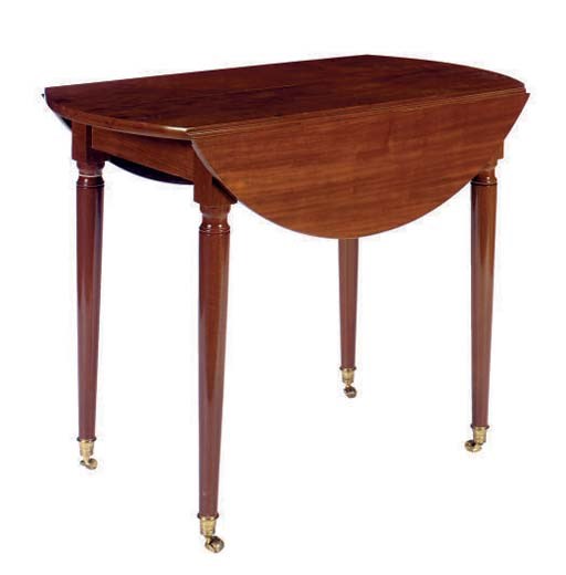A MAHOGANY DROP-LEAF TABLE ON BRASS CASTORS,