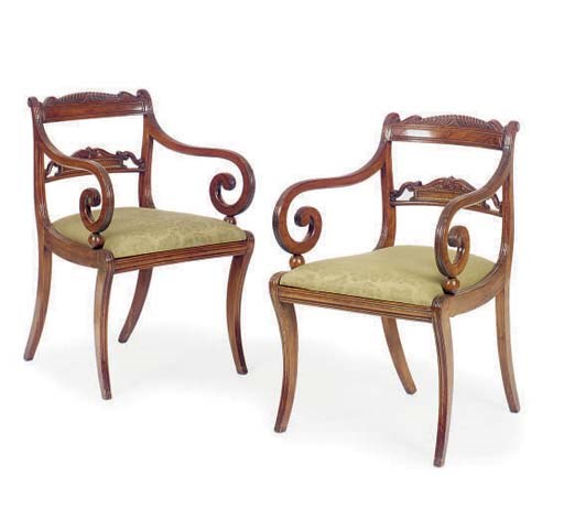 A PAIR OF REGENCY BRASS MOUNTED GRAINED ARMCHAIRS,
