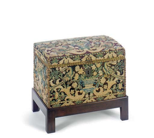 A NORTH EUROPEAN NEEDLEWORK COFFER ON LATER STAND,
