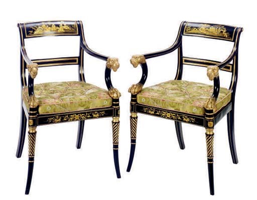 A PAIR OF ENGLISH BLACK AND GILT JAPANNED ARMCHAIRS,