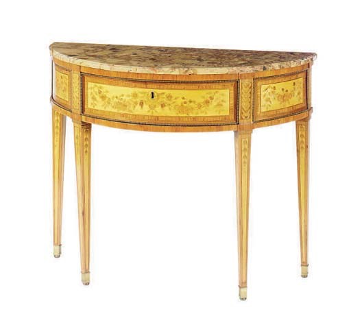 A FRENCH TULIPWOOD, AMARANTH, AND FRUITWOOD MARQUETRY DEMILUNE TABLE,