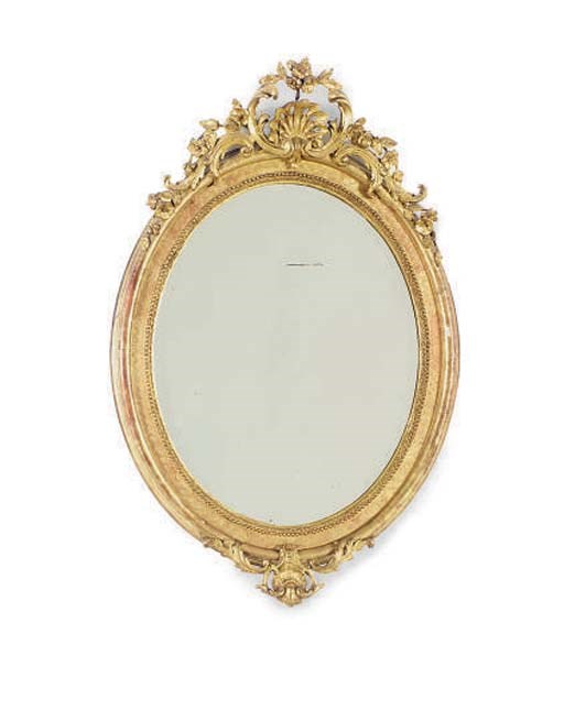 A FRENCH GILTWOOD OVAL FRAME MIRROR,